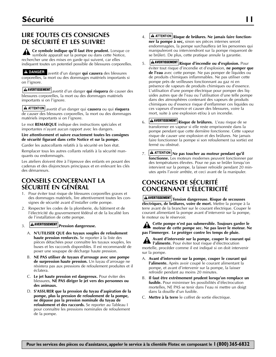 Sécurité 11, Conseils concernant la sécurité en général, Consignes de sécurité concernant l’électricité | Flotec FP5722 User Manual | Page 11 / 28