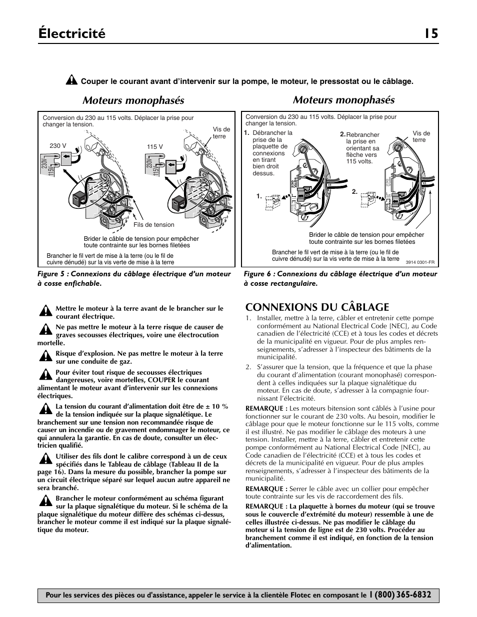 Électricité 15, Connexions du câblage, Moteurs monophasés | Flotec FP5722 User Manual | Page 15 / 28