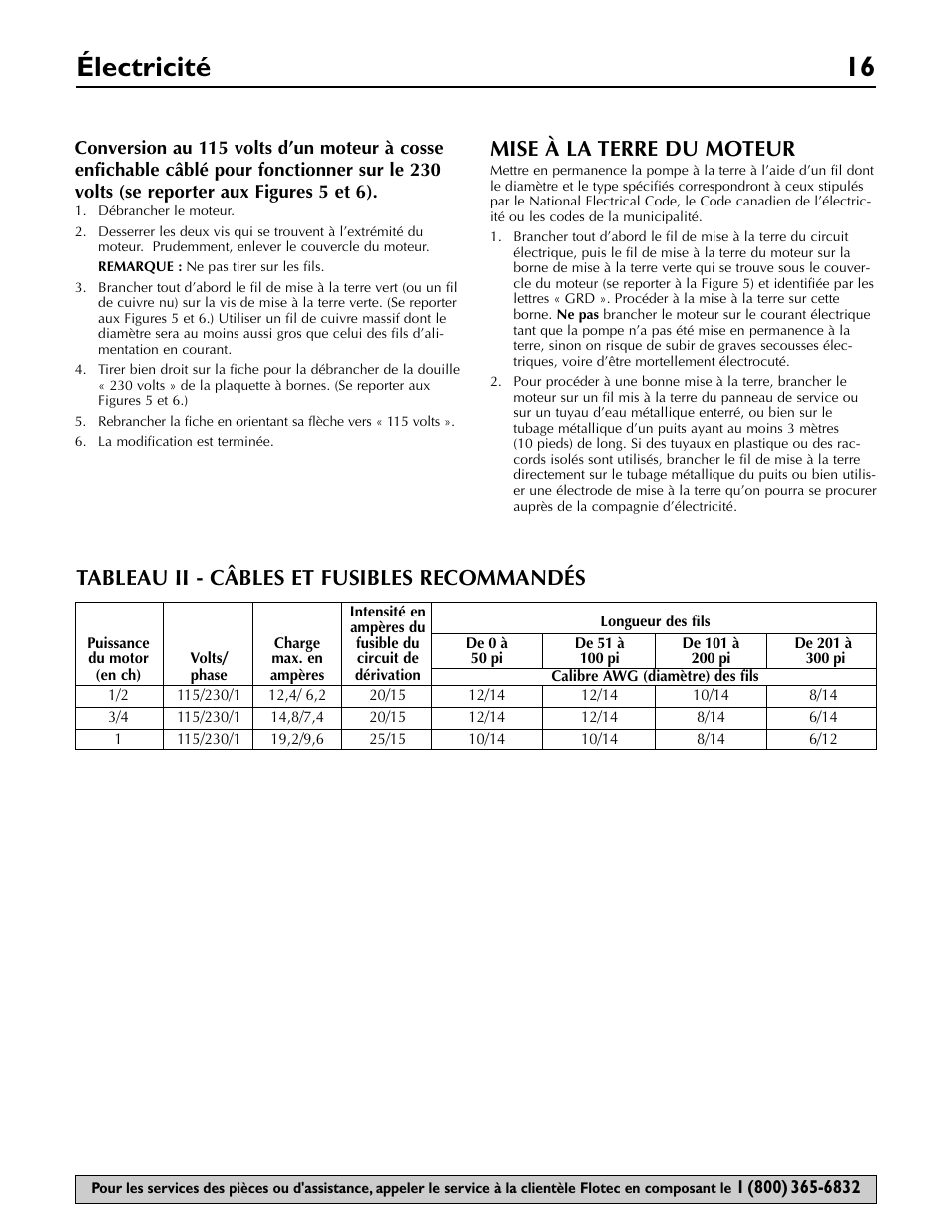 Électricité 16, Mise à la terre du moteur, Tableau ii - câbles et fusibles recommandés | Flotec FP5722 User Manual | Page 16 / 28