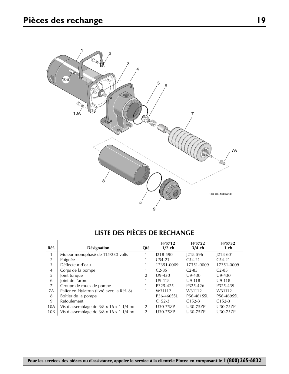 Pièces des rechange 19, Liste des pièces de rechange | Flotec FP5722 User Manual | Page 19 / 28