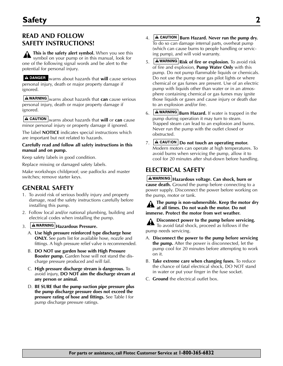 Safety 2, Read and follow safety instructions, General safety | Electrical safety | Flotec FP5722 User Manual | Page 2 / 28