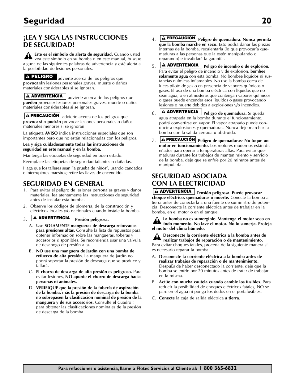 Seguridad 20, Lea y siga las instrucciones de seguridad, Seguridad en general | Seguridad asociada con la electricidad | Flotec FP5722 User Manual | Page 20 / 28