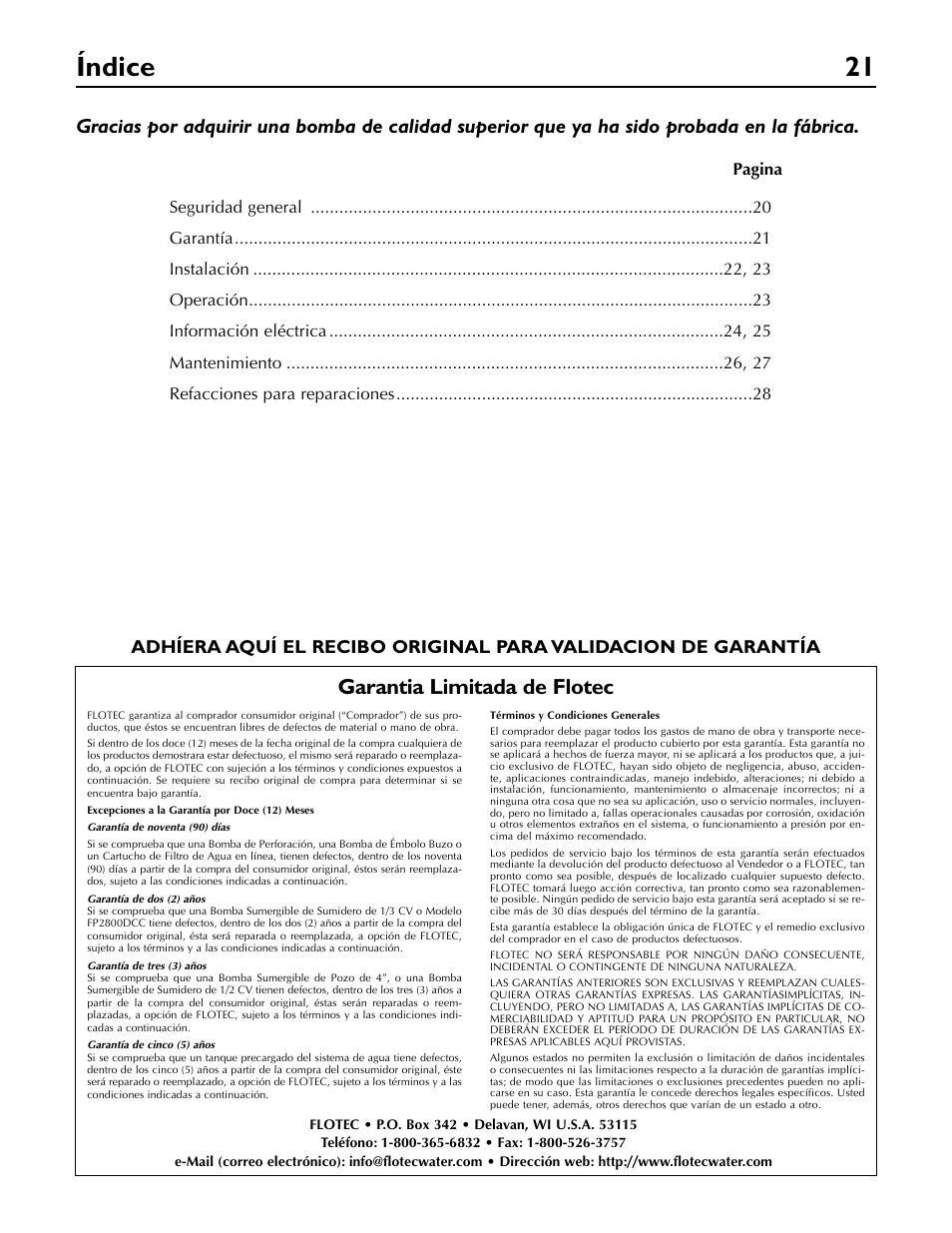 Índice 21, Garantia limitada de flotec | Flotec FP5722 User Manual | Page 21 / 28