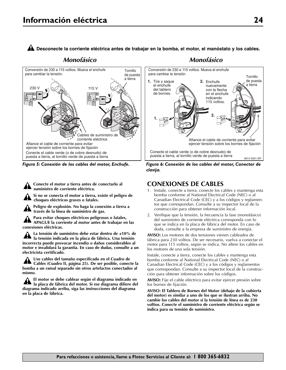 Información eléctrica 24, Conexiones de cables, Monofásico | Flotec FP5722 User Manual | Page 24 / 28