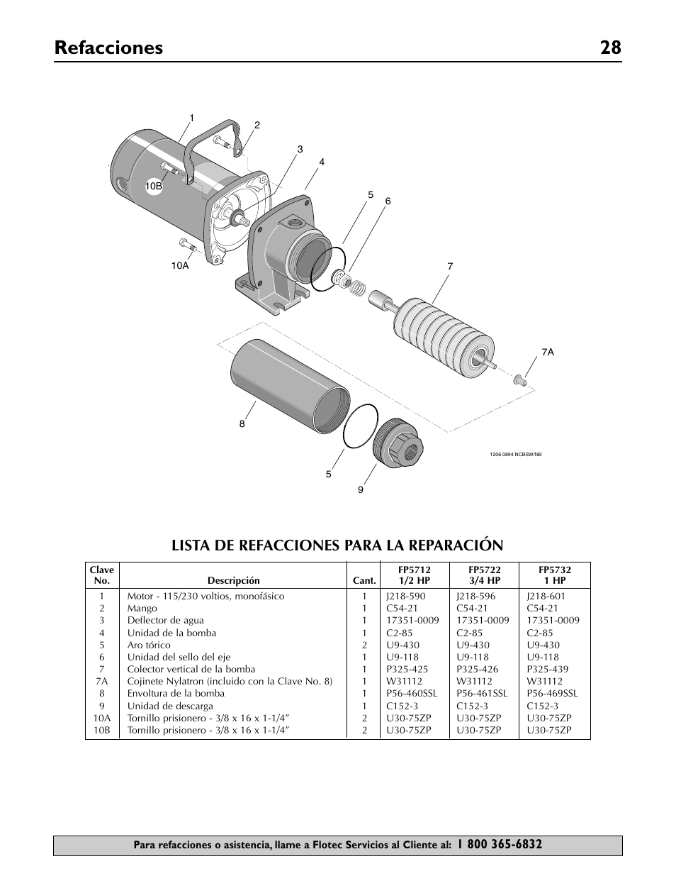 Refacciones 28, Lista de refacciones para la reparación | Flotec FP5722 User Manual | Page 28 / 28