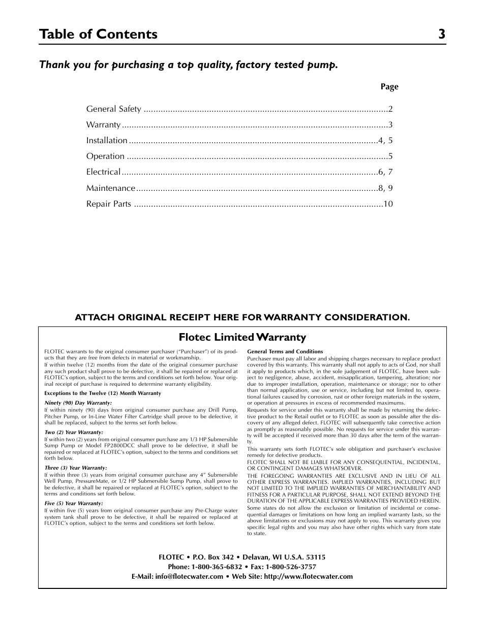 Table of contents 3, Flotec limited warranty | Flotec FP5722 User Manual | Page 3 / 28