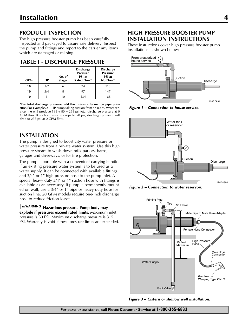 Installation 4, Product inspection, Installation | Table i - discharge pressure | Flotec FP5722 User Manual | Page 4 / 28