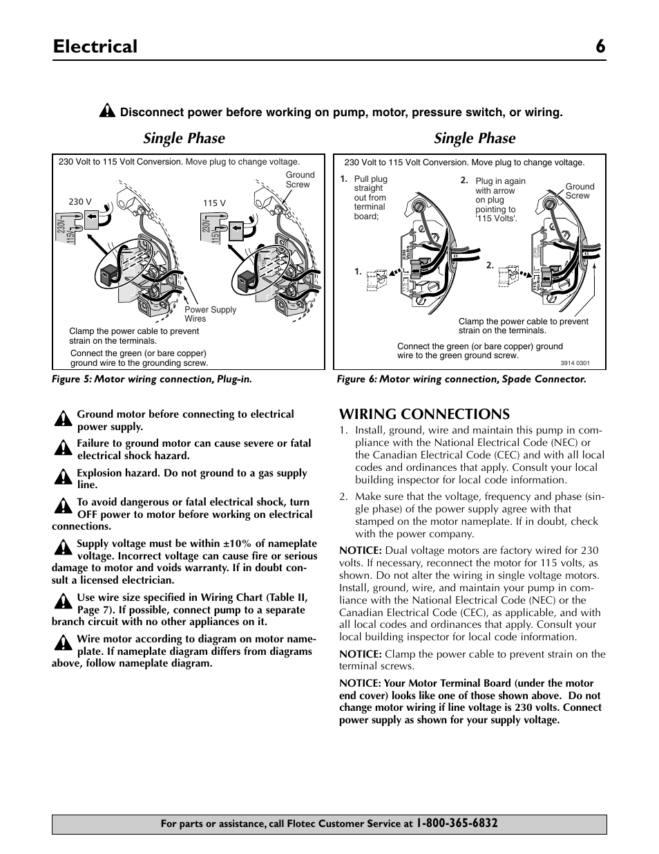 Electrical 6, Wiring connections, Single phase | Flotec FP5722 User Manual | Page 6 / 28
