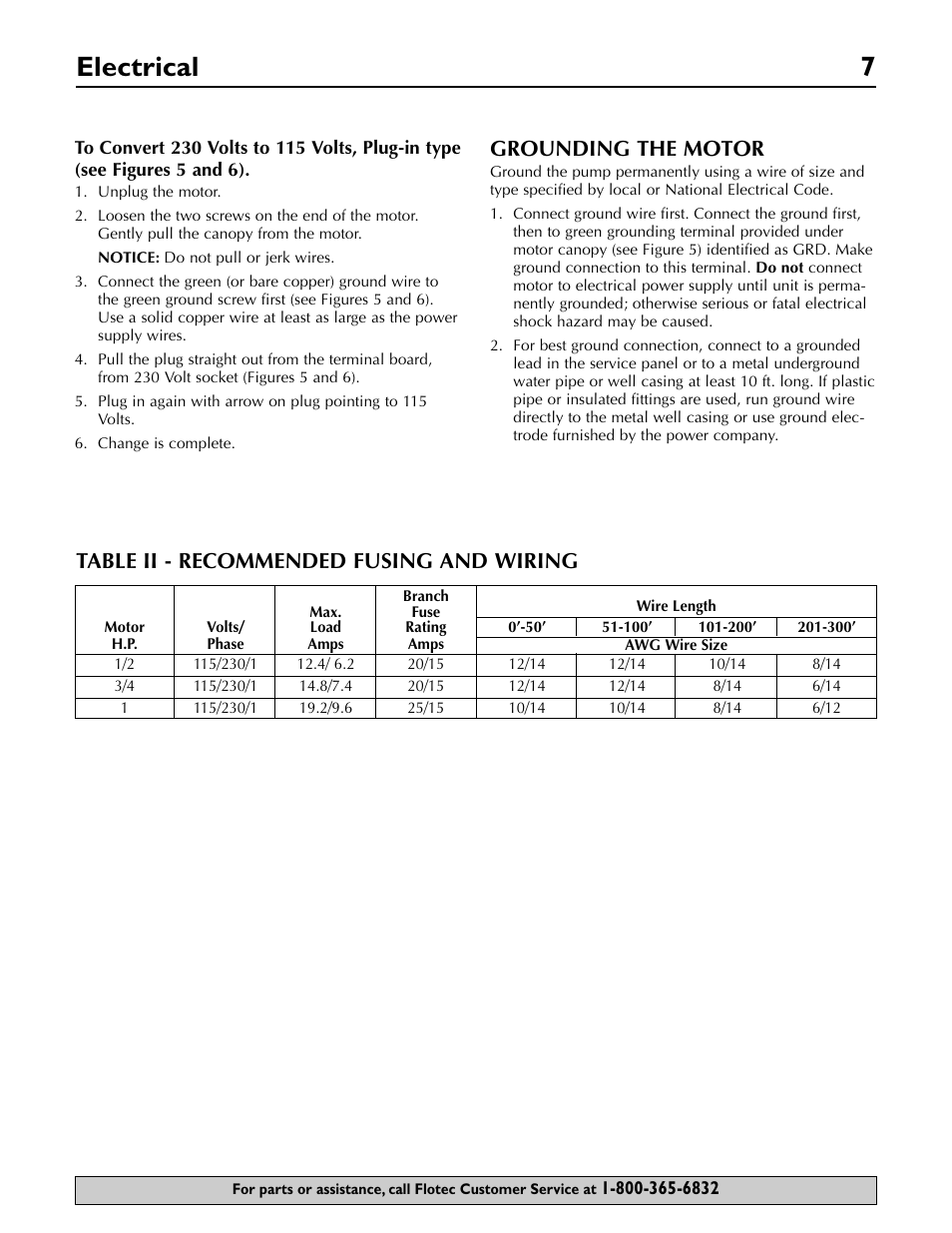 Electrical 7, Grounding the motor, Table ii - recommended fusing and wiring | Flotec FP5722 User Manual | Page 7 / 28