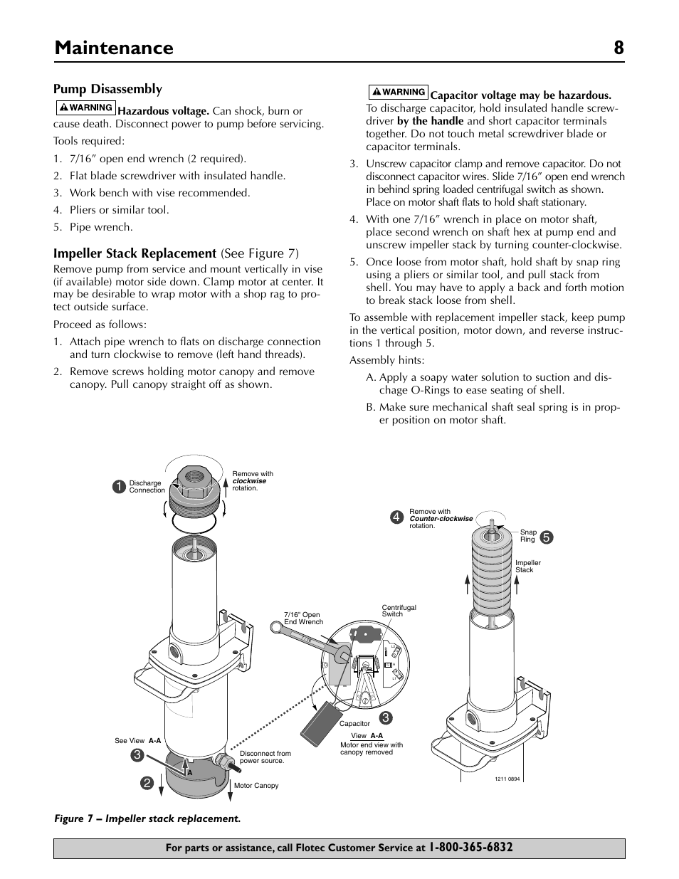 Maintenance 8, Impeller stack replacement (see figure 7) | Flotec FP5722 User Manual | Page 8 / 28