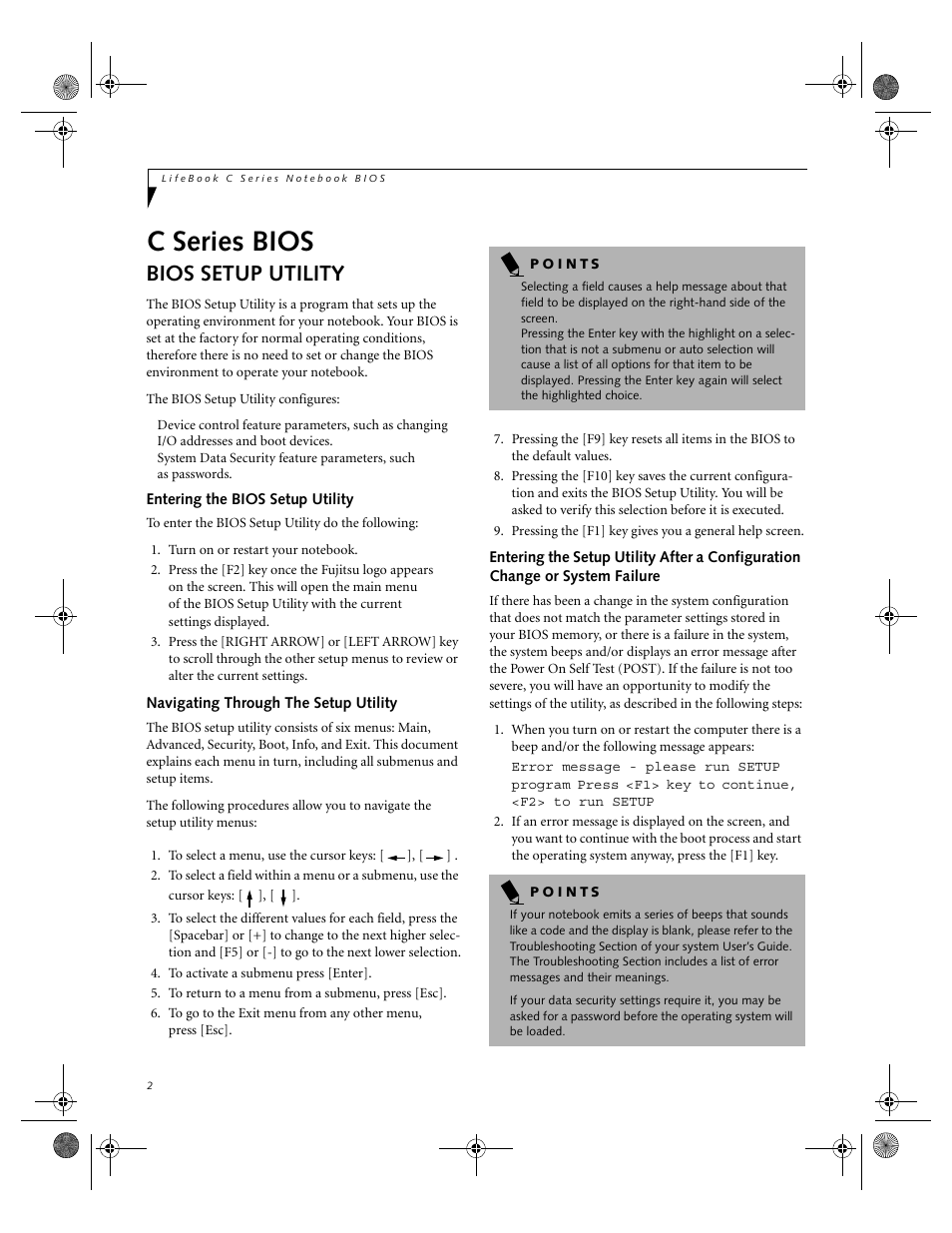 Bios setup utility, Entering the bios setup utility, Navigating through the setup utility | C series bios | Fujitsu Siemens Computers LifeBook C2111 User Manual | Page 2 / 30