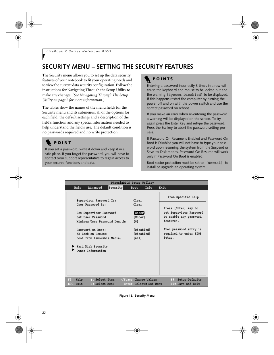 Security menu – setting the security features | Fujitsu Siemens Computers LifeBook C2111 User Manual | Page 22 / 30