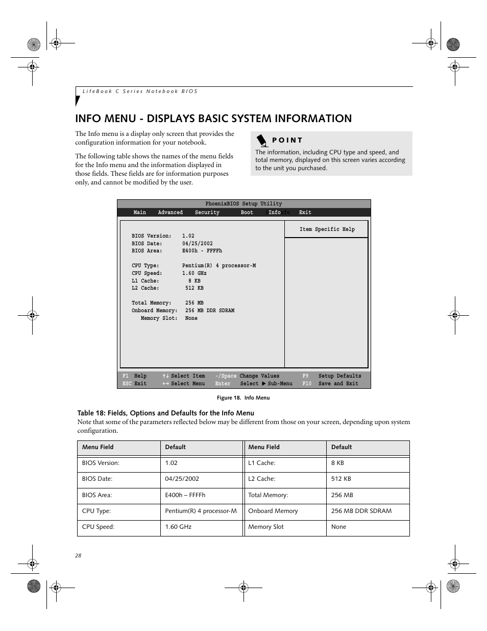 Info menu - displays basic system information | Fujitsu Siemens Computers LifeBook C2111 User Manual | Page 28 / 30