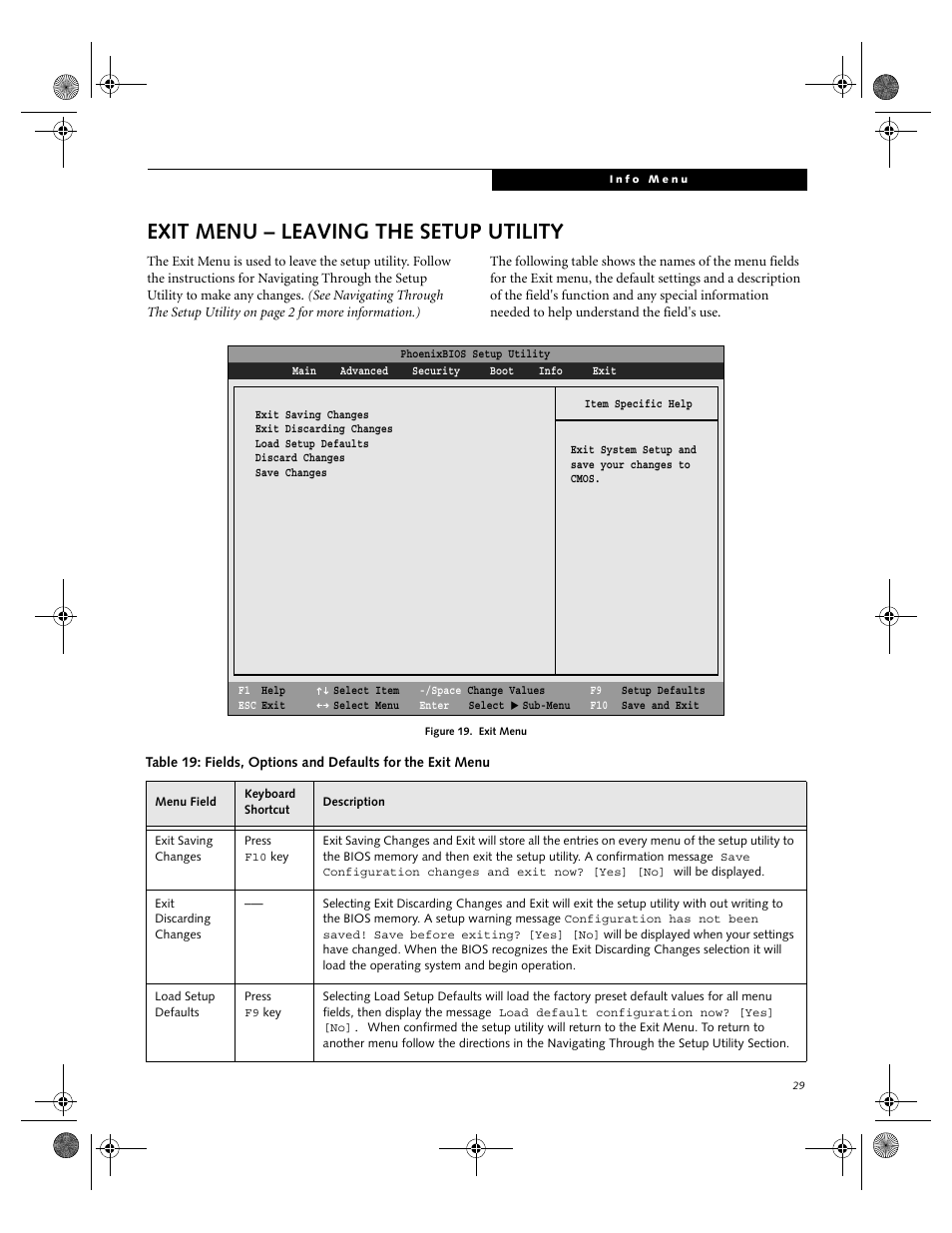 Exit menu – leaving the setup utility | Fujitsu Siemens Computers LifeBook C2111 User Manual | Page 29 / 30