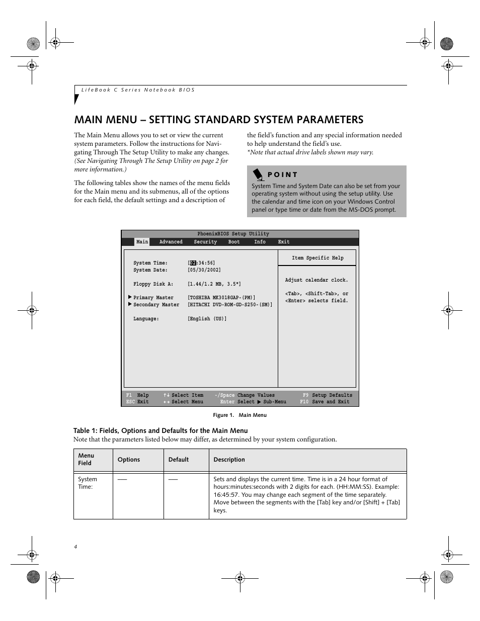 Main menu – setting standard system parameters | Fujitsu Siemens Computers LifeBook C2111 User Manual | Page 4 / 30