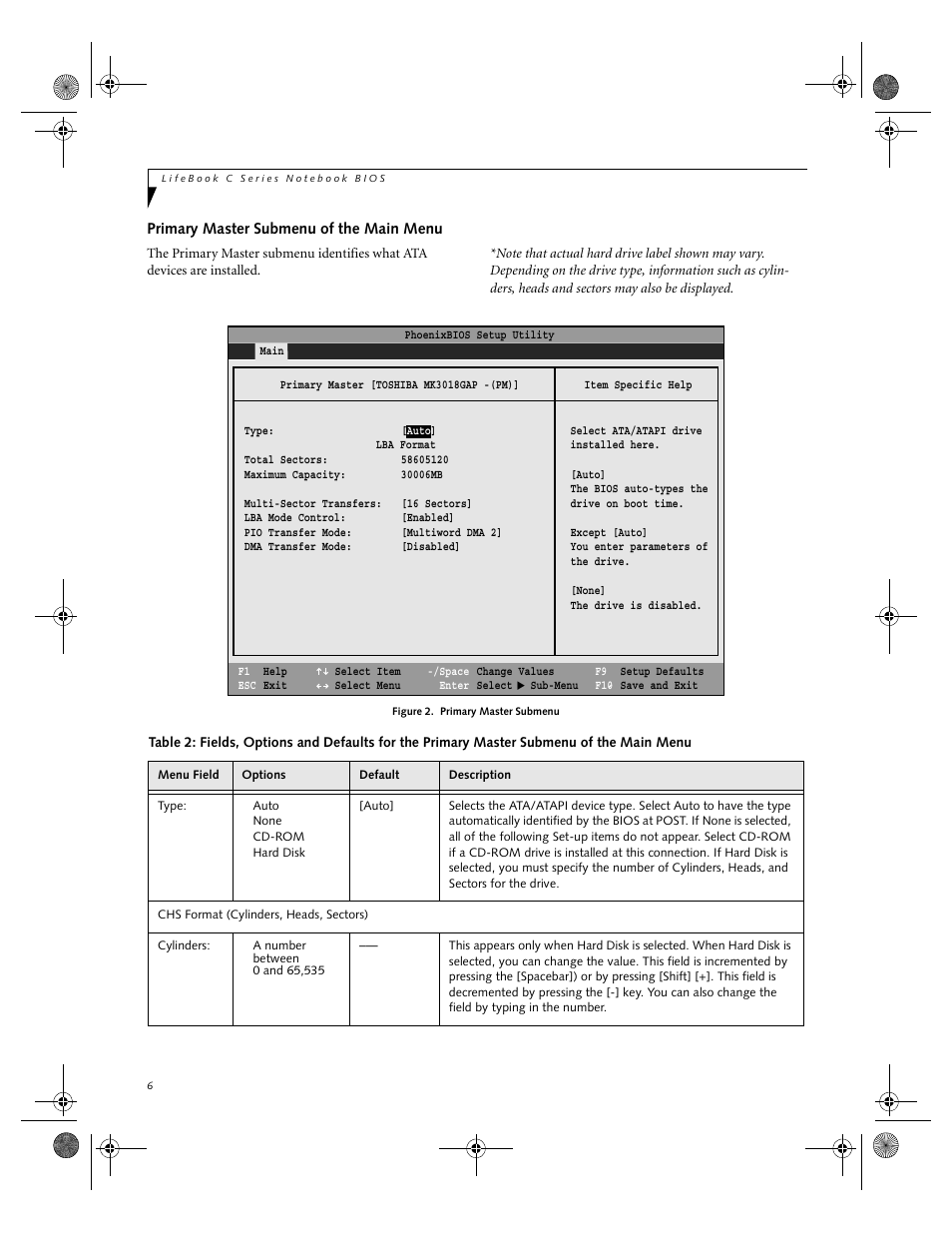 Primary master submenu of the main menu | Fujitsu Siemens Computers LifeBook C2111 User Manual | Page 6 / 30