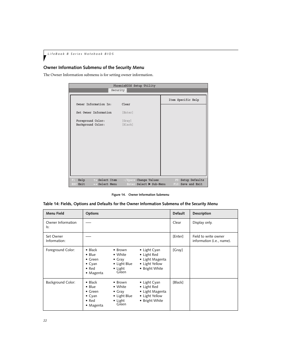 Owner information submenu of the security menu | Fujitsu Siemens Computers LifeBook B3000 User Manual | Page 22 / 27