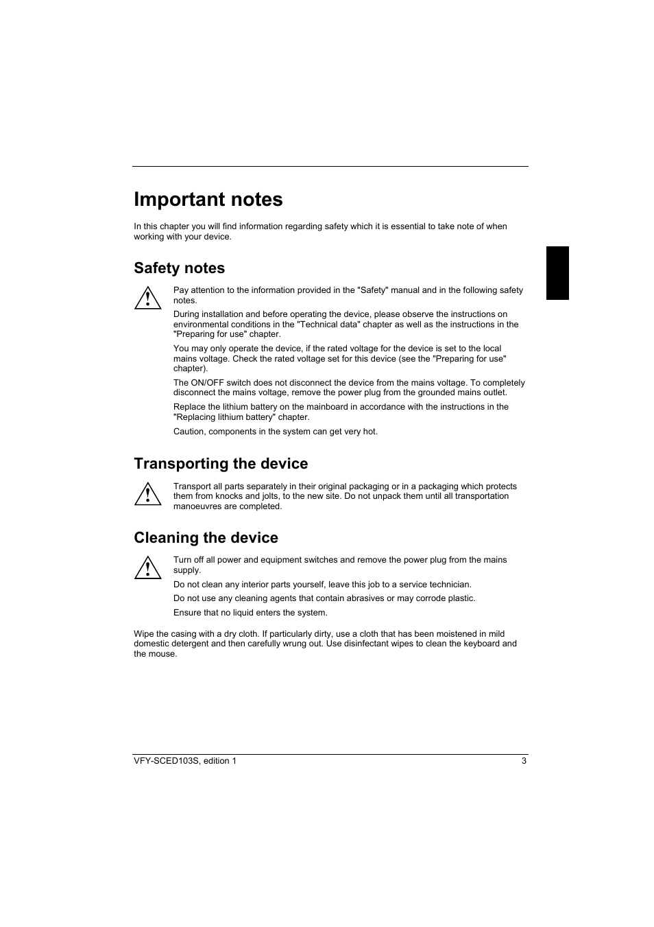 Important notes, Safety notes, Transporting the device | Cleaning the device | Fujitsu Siemens Computers X103 SFF User Manual | Page 11 / 49