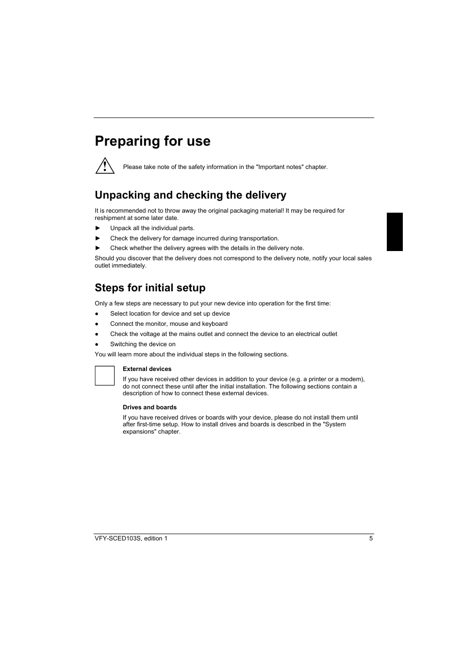 Preparing for use, Unpacking and checking the delivery, Steps for initial setup | Preparing for use" chapter | Fujitsu Siemens Computers X103 SFF User Manual | Page 13 / 49