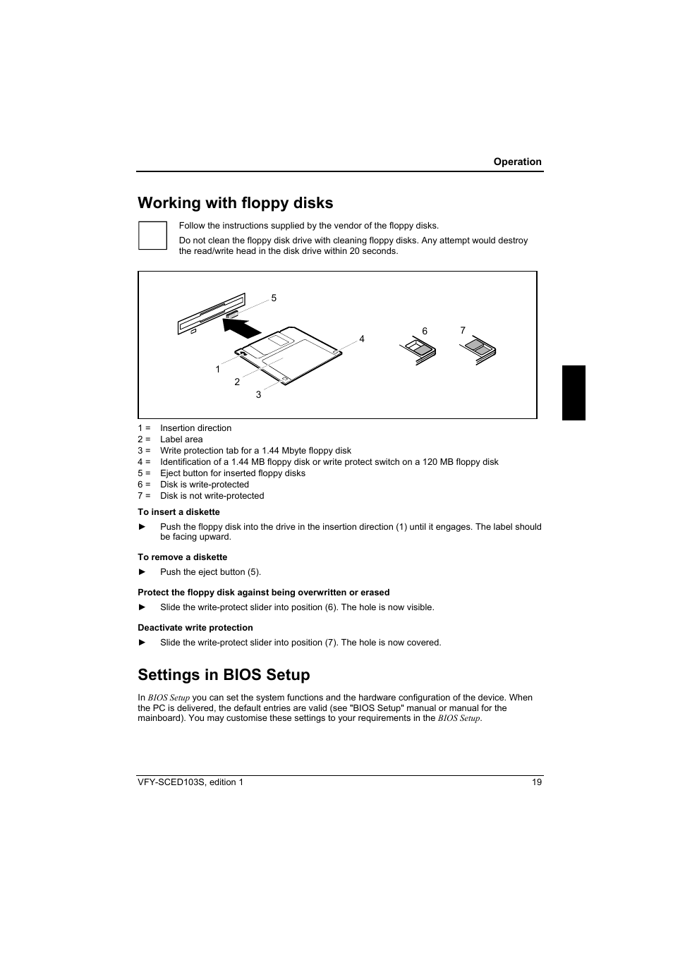 Working with floppy disks, Settings in bios setup | Fujitsu Siemens Computers X103 SFF User Manual | Page 27 / 49