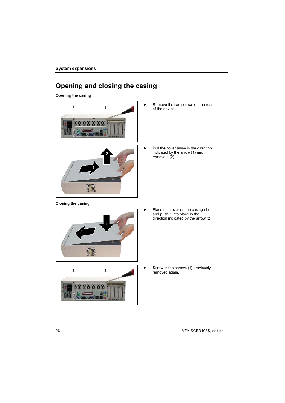 Opening and closing the casing | Fujitsu Siemens Computers X103 SFF User Manual | Page 34 / 49