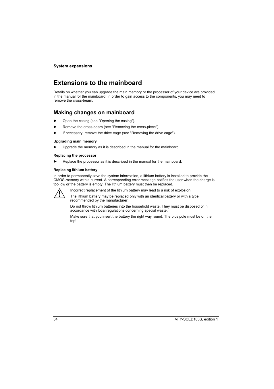 Extensions to the mainboard, Making changes on mainboard, Replacing lithium battery" chapter | Fujitsu Siemens Computers X103 SFF User Manual | Page 42 / 49