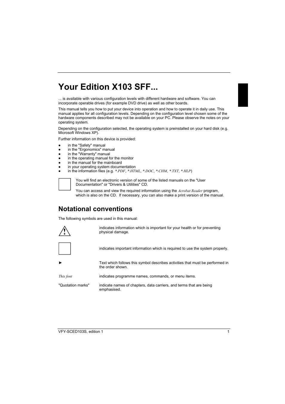 Your edition x103 sff, Notational conventions | Fujitsu Siemens Computers X103 SFF User Manual | Page 9 / 49