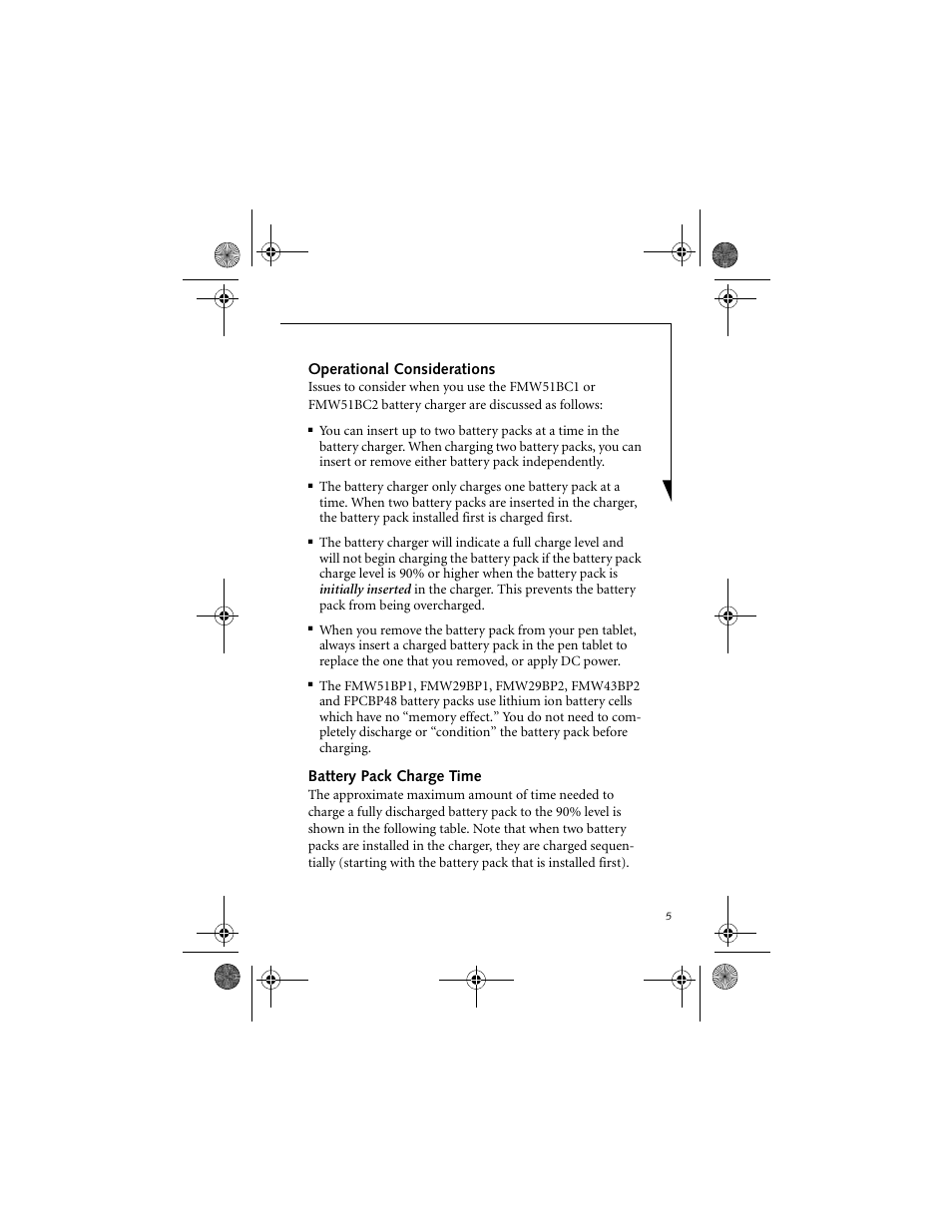Operational considerations, Battery pack charge time | Fujitsu Siemens Computers FMW51BC1 User Manual | Page 5 / 8