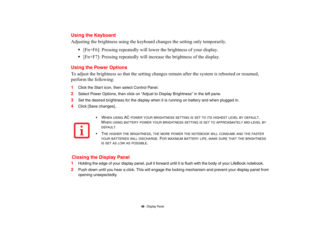 Using the keyboard, Using the power options, Closing the display panel | Fujitsu Siemens Computers LifeBook A6210 User Manual | Page 48 / 184