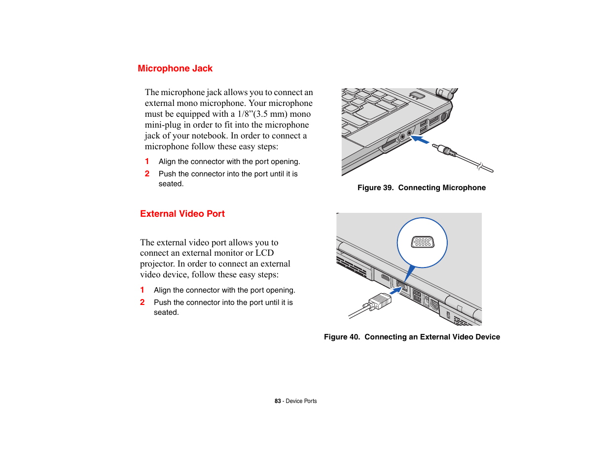 Microphone jack, External video port, Microphone jack external video port | Fujitsu Siemens Computers LifeBook A6210 User Manual | Page 83 / 184