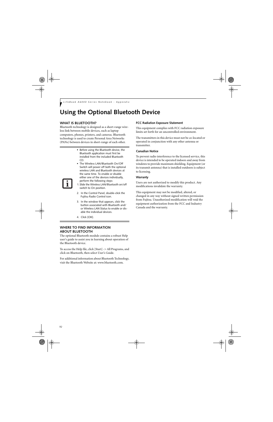 Using the optional bluetooth device | Fujitsu Siemens Computers LifeBook A6025 User Manual | Page 102 / 120