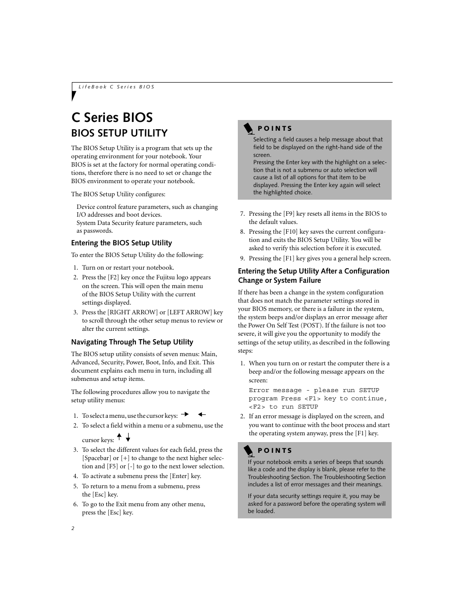 Bios setup utility, Entering the bios setup utility, Navigating through the setup utility | C series bios | Fujitsu Siemens Computers C-7631 User Manual | Page 2 / 36