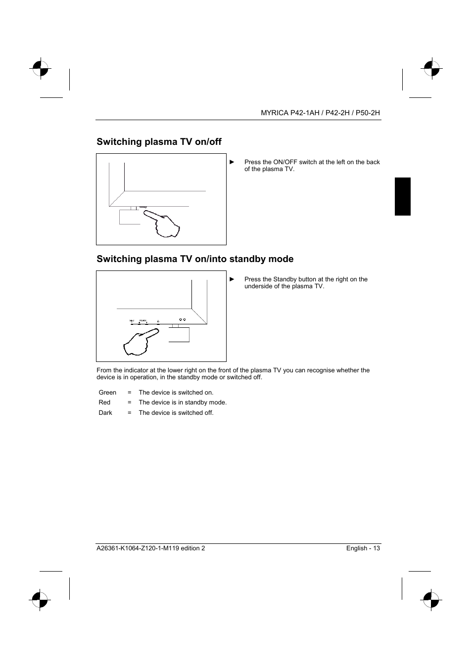 Switching plasma tv on/off, Switching plasma tv on/into standby mode | Fujitsu Siemens Computers P42-1AH User Manual | Page 15 / 44