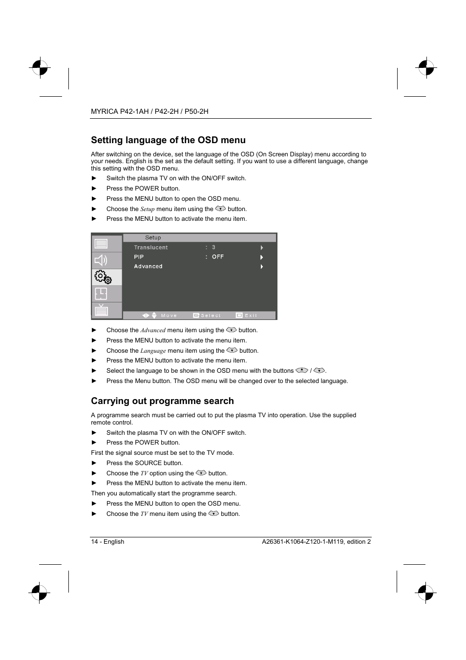 Setting language of the osd menu, Carrying out programme search | Fujitsu Siemens Computers P42-1AH User Manual | Page 16 / 44