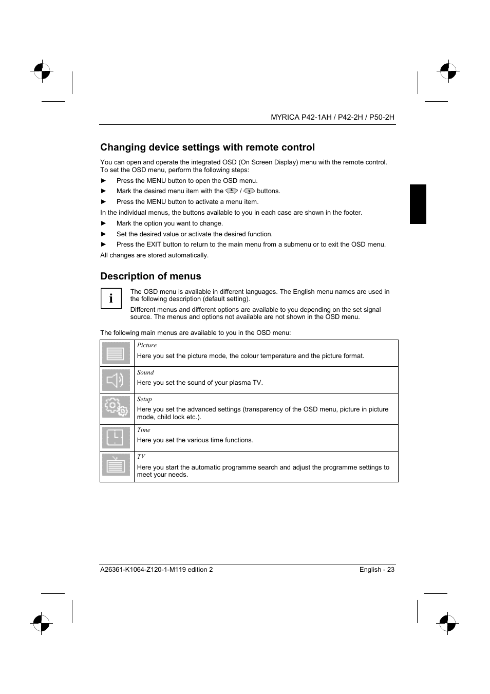 Changing device settings with remote control, Description of menus | Fujitsu Siemens Computers P42-1AH User Manual | Page 25 / 44