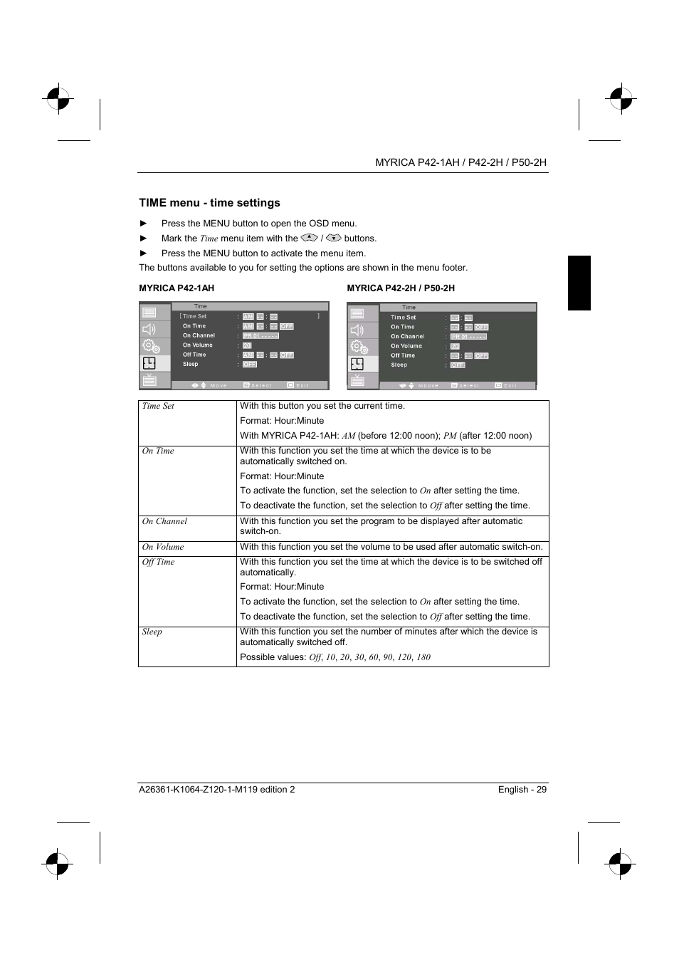 Time menu - time settings | Fujitsu Siemens Computers P42-1AH User Manual | Page 31 / 44