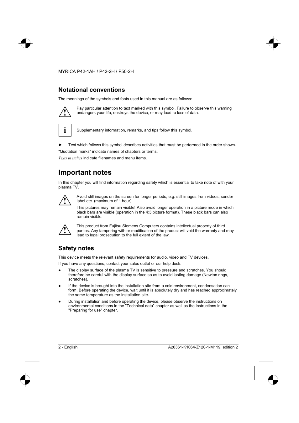Notational conventions, Important notes, Safety notes | Fujitsu Siemens Computers P42-1AH User Manual | Page 4 / 44
