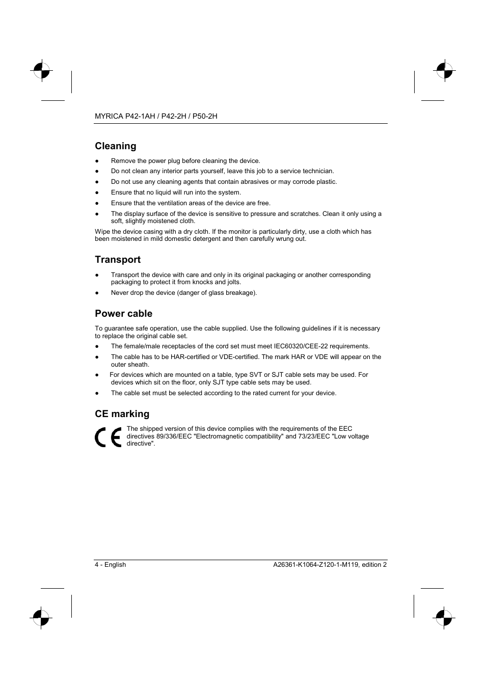 Cleaning, Transport, Power cable | Ce marking | Fujitsu Siemens Computers P42-1AH User Manual | Page 6 / 44