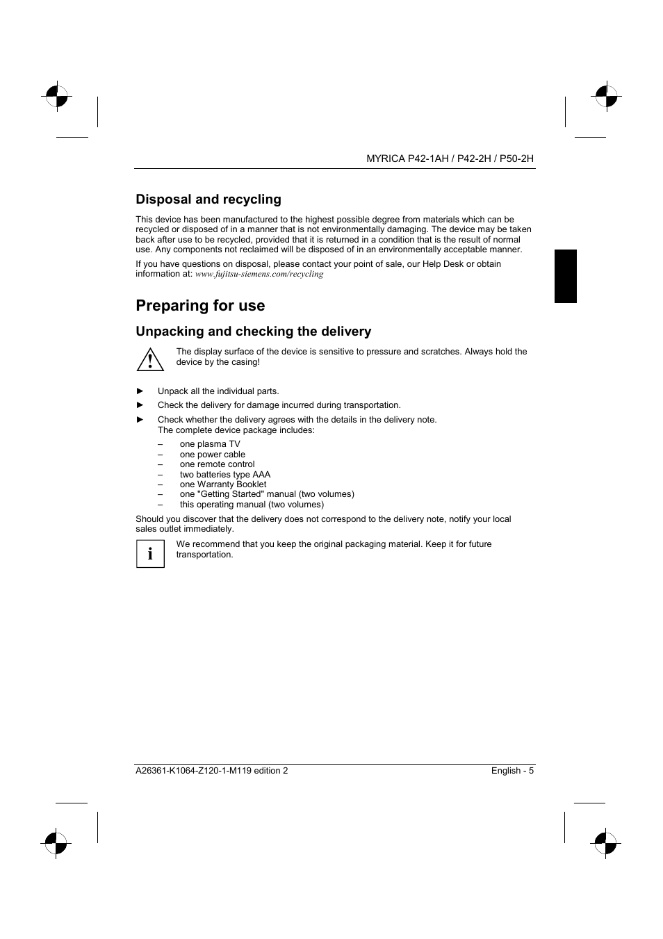 Disposal and recycling, Preparing for use, Unpacking and checking the delivery | Fujitsu Siemens Computers P42-1AH User Manual | Page 7 / 44