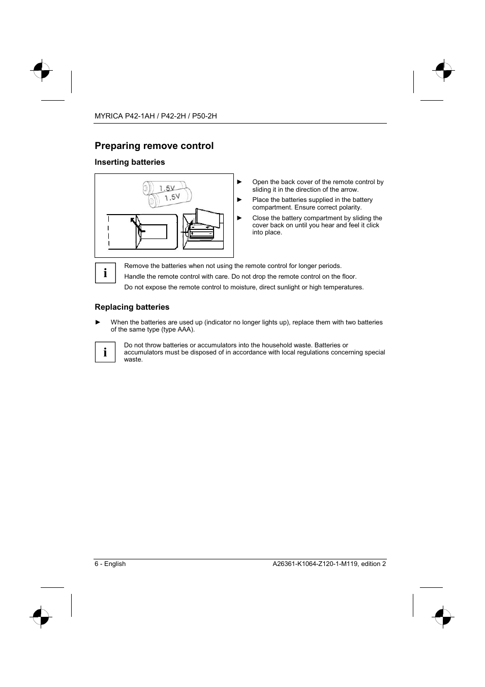 Preparing remove control, Inserting batteries, Replacing batteries | Fujitsu Siemens Computers P42-1AH User Manual | Page 8 / 44