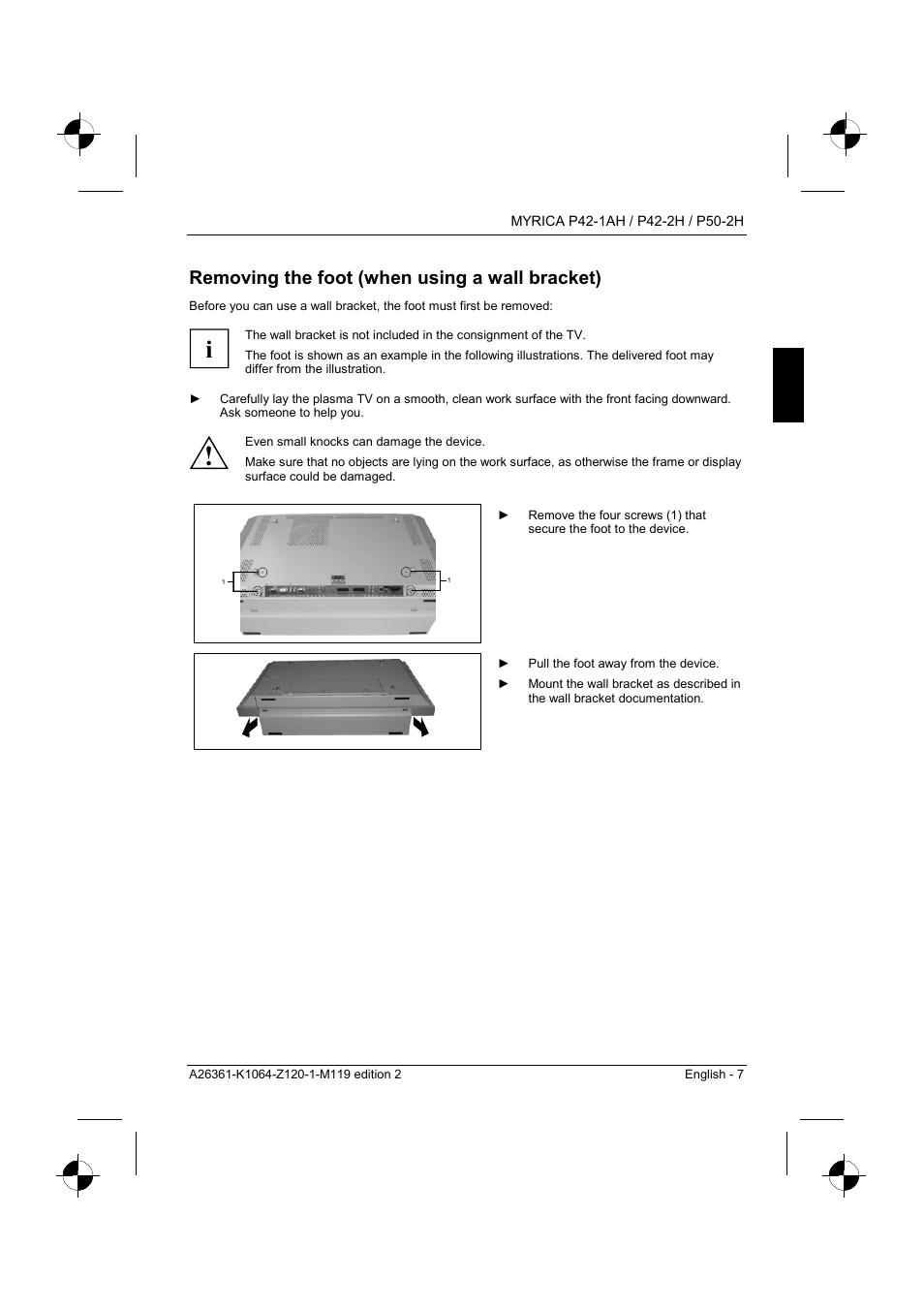 Removing the foot (when using a wall bracket) | Fujitsu Siemens Computers P42-1AH User Manual | Page 9 / 44