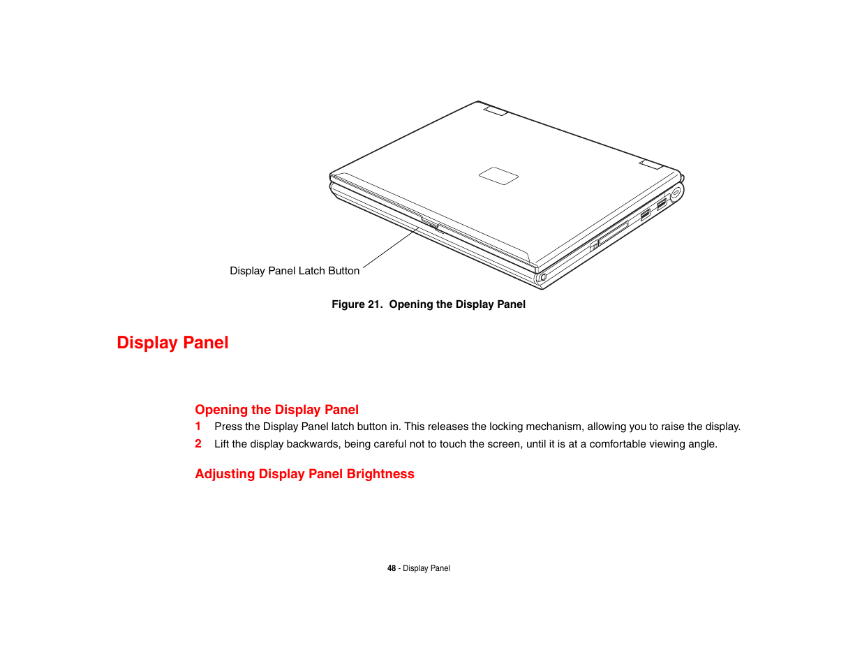 Display panel, Opening the display panel, Adjusting display panel brightness | Fujitsu Siemens Computers Fujitsu LifeBook B6230 notebook User Manual | Page 53 / 186