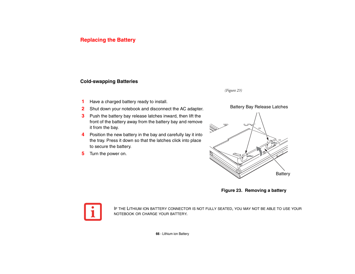 Replacing the battery | Fujitsu Siemens Computers Fujitsu LifeBook B6230 notebook User Manual | Page 71 / 186