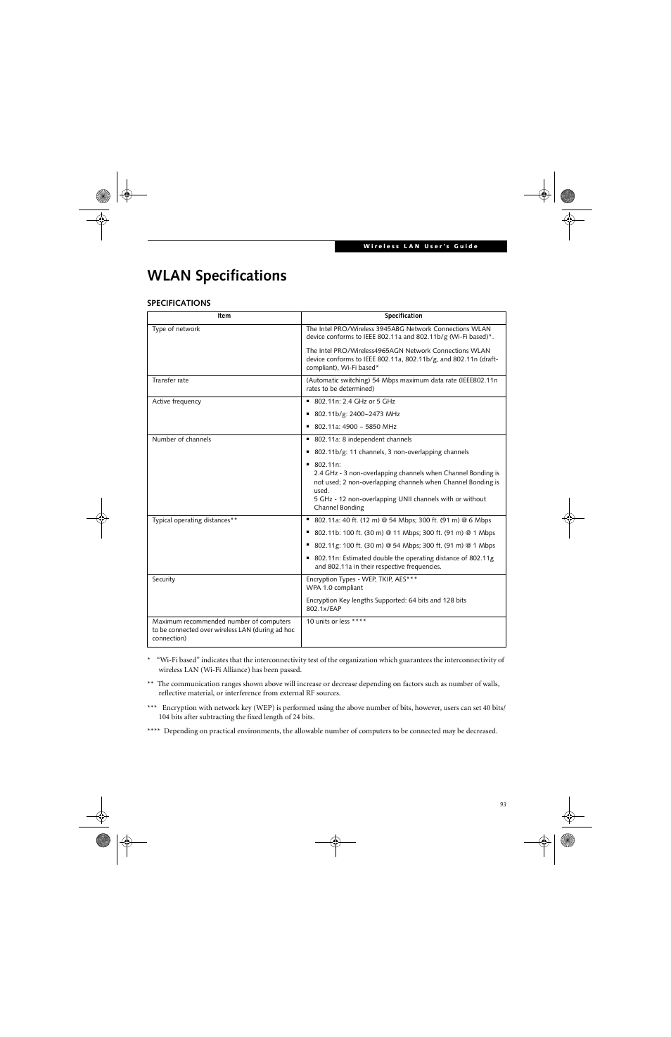 Wlan specifications | Fujitsu Siemens Computers A6030 User Manual | Page 103 / 120