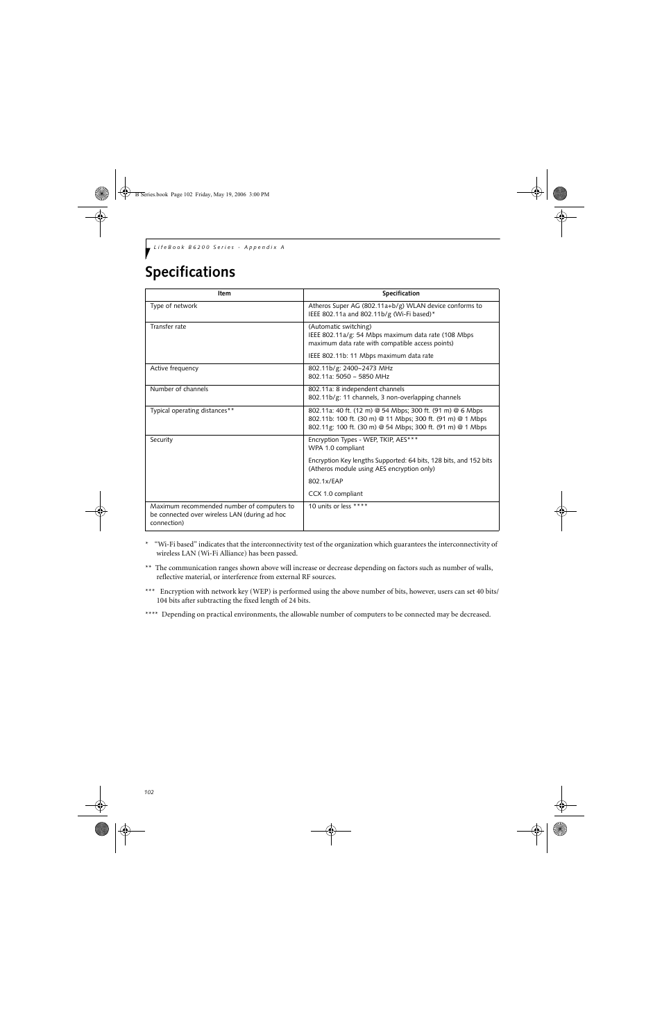 Specifications | Fujitsu Siemens Computers LifeBook B6210 User Manual | Page 110 / 128