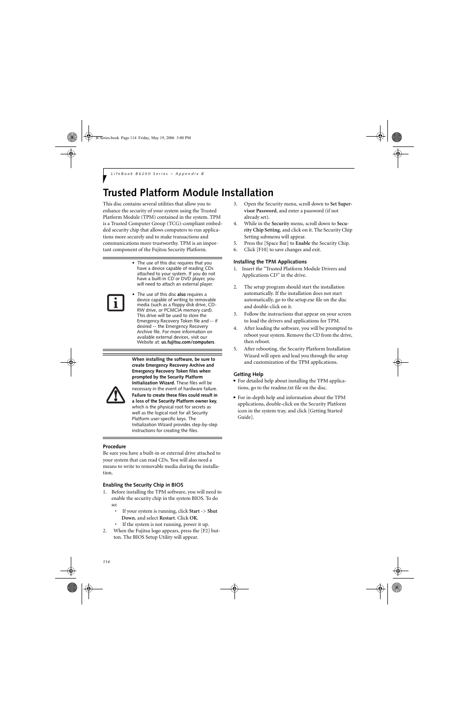 Trusted platform module installation | Fujitsu Siemens Computers LifeBook B6210 User Manual | Page 122 / 128