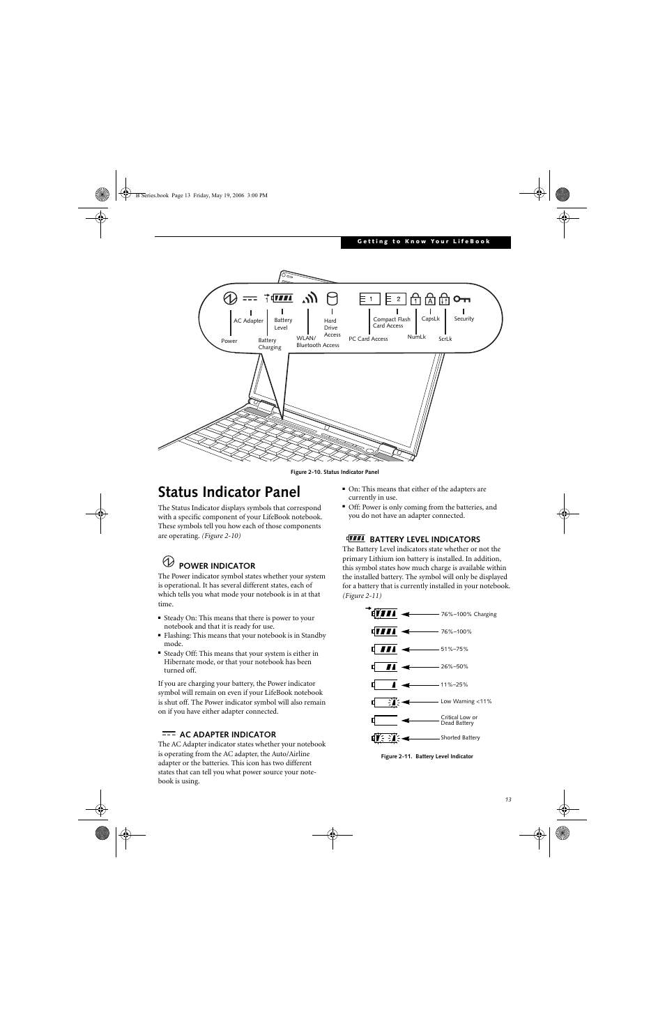 Status indicator panel | Fujitsu Siemens Computers LifeBook B6210 User Manual | Page 21 / 128