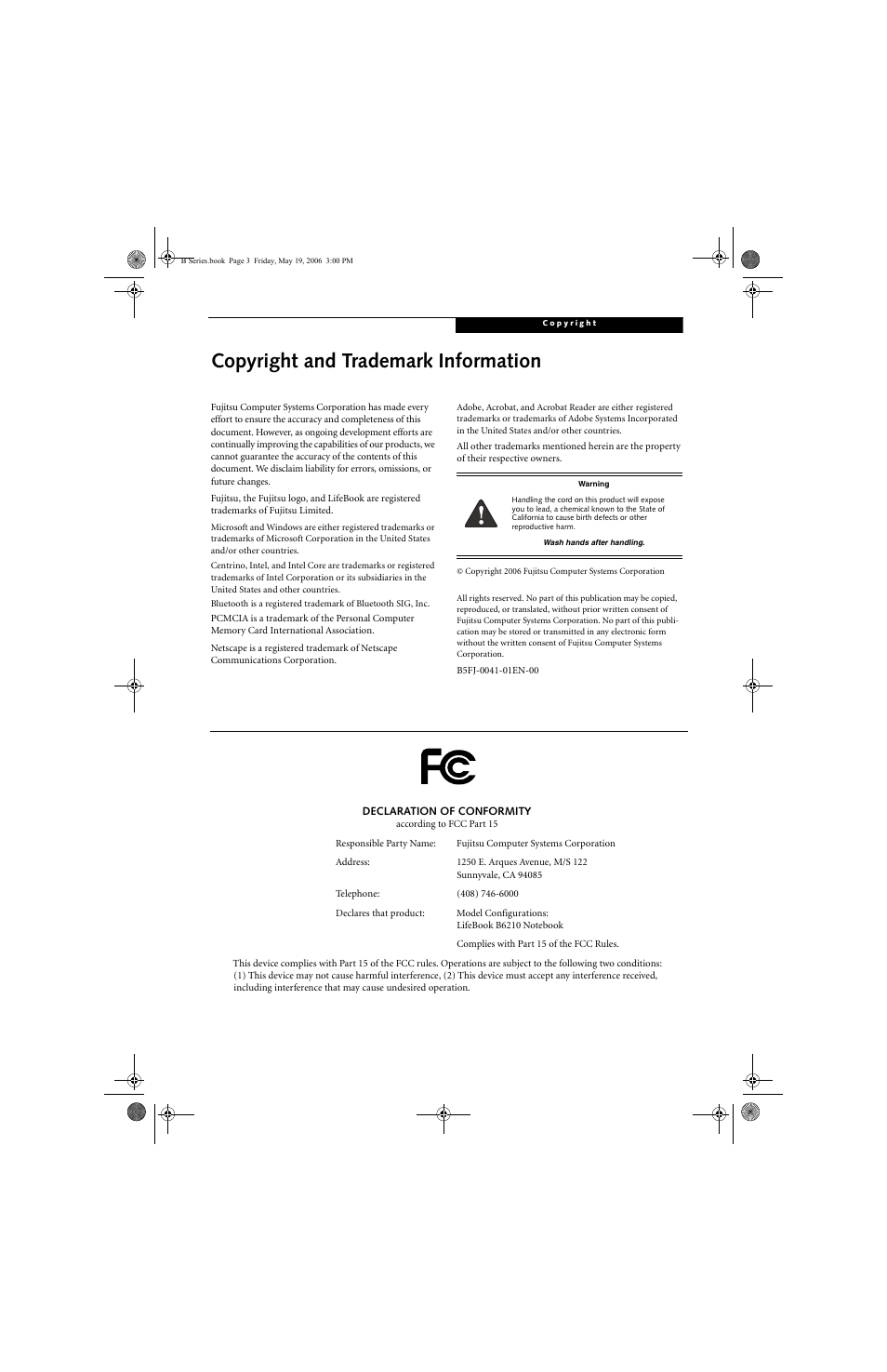 Copyright and trademark information | Fujitsu Siemens Computers LifeBook B6210 User Manual | Page 3 / 128