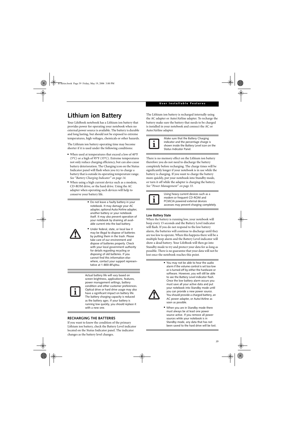 Lithium ion battery | Fujitsu Siemens Computers LifeBook B6210 User Manual | Page 47 / 128