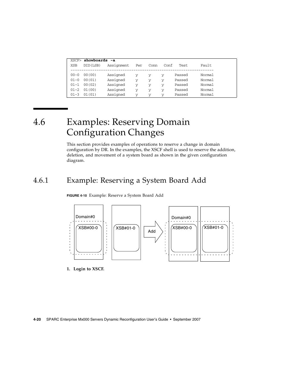 6 examples: reserving domain configuration changes, 1 example: reserving a system board add, Examples: reserving domain configuration changes | Example: reserving a system board add | Fujitsu Siemens Computers SPARC Enterprise M8000 User Manual | Page 110 / 162
